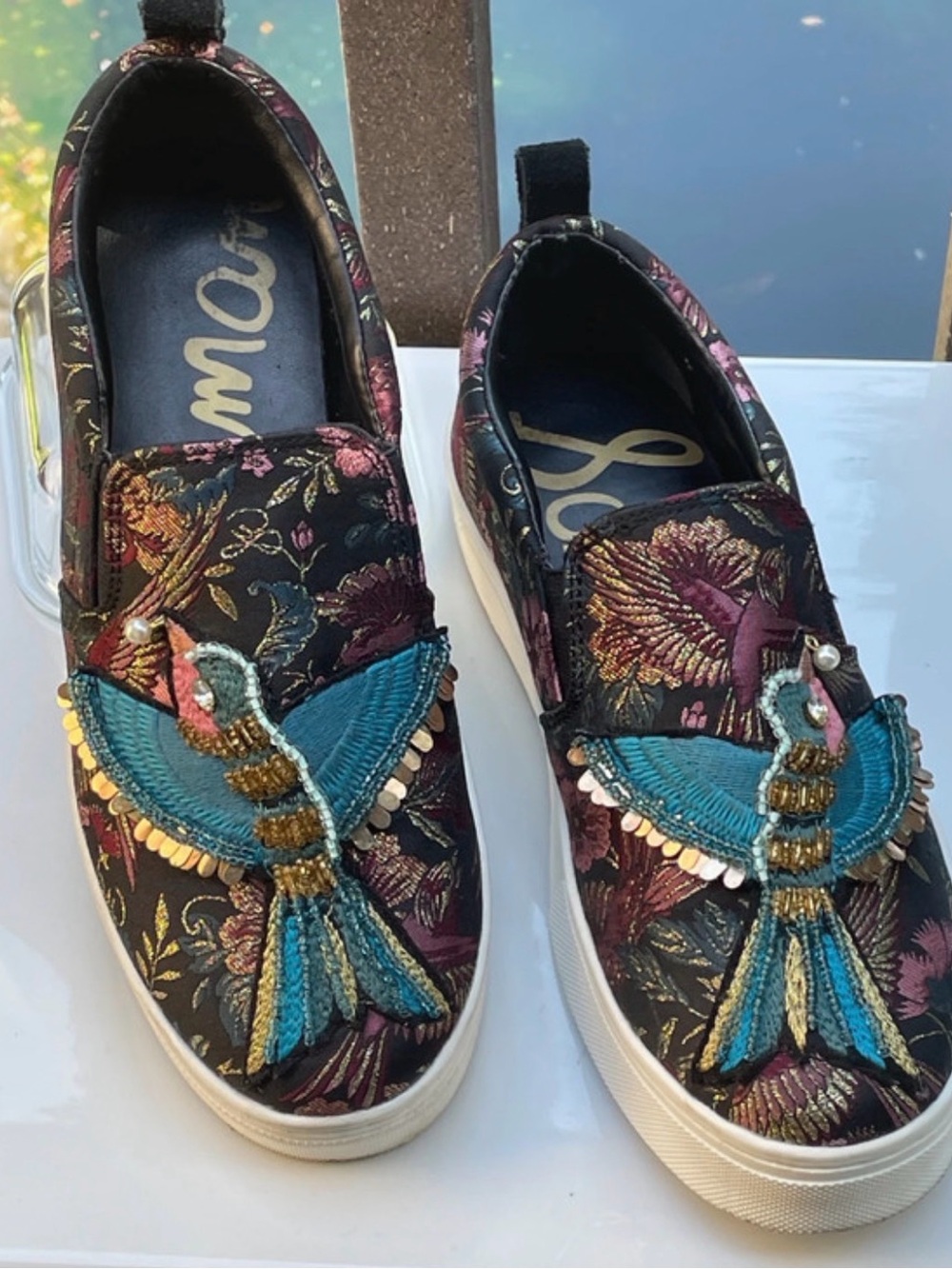Sam Edelman Black Floral Slip-On Sneakers with Teal Bird Embroidery